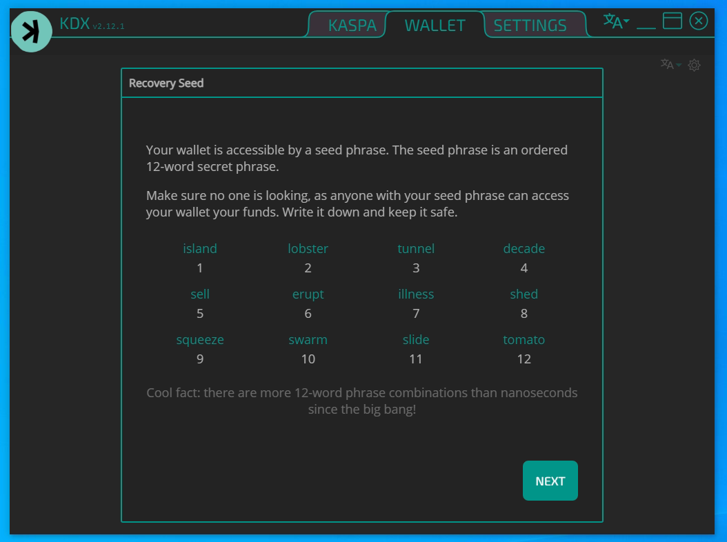 Kaspa wallet Recovery Seed