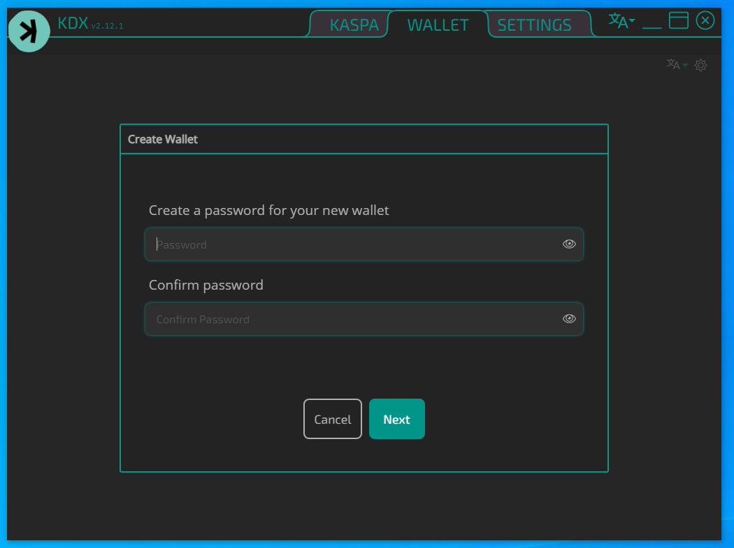 Kaspa new wallet address password