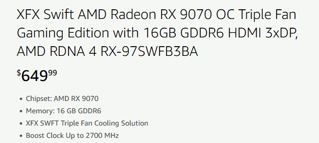 XFX Swift AMD Radeon RX 9070 OC Triple fan