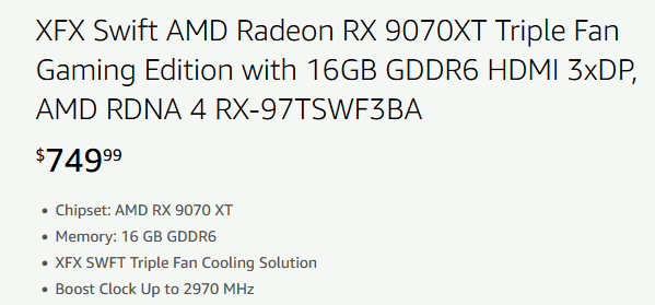 XFX Swift AMD Radeon RX 9070XT Triple fan Gaming Edition
