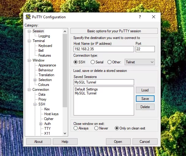 Save MySQL Tunnel session in putty