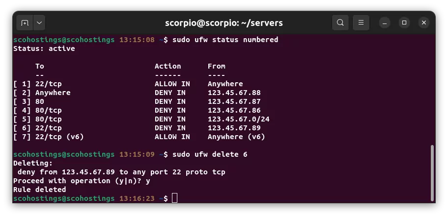 UFW rule number 6 deleted