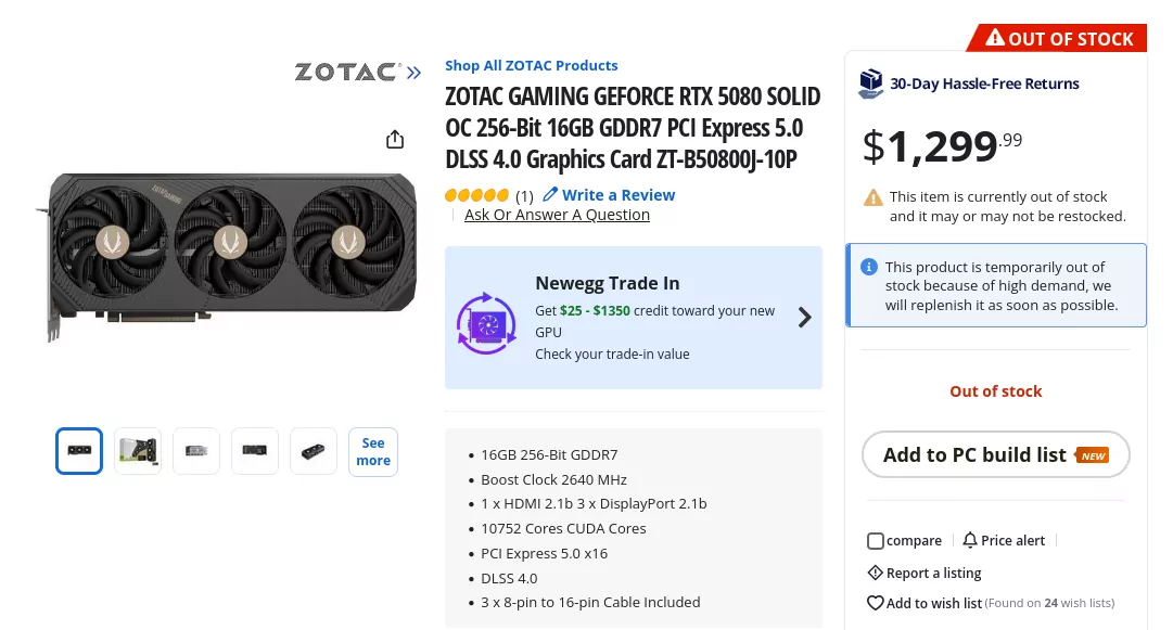 ZOTAC RTX 5080 SOLID OC Pricing
