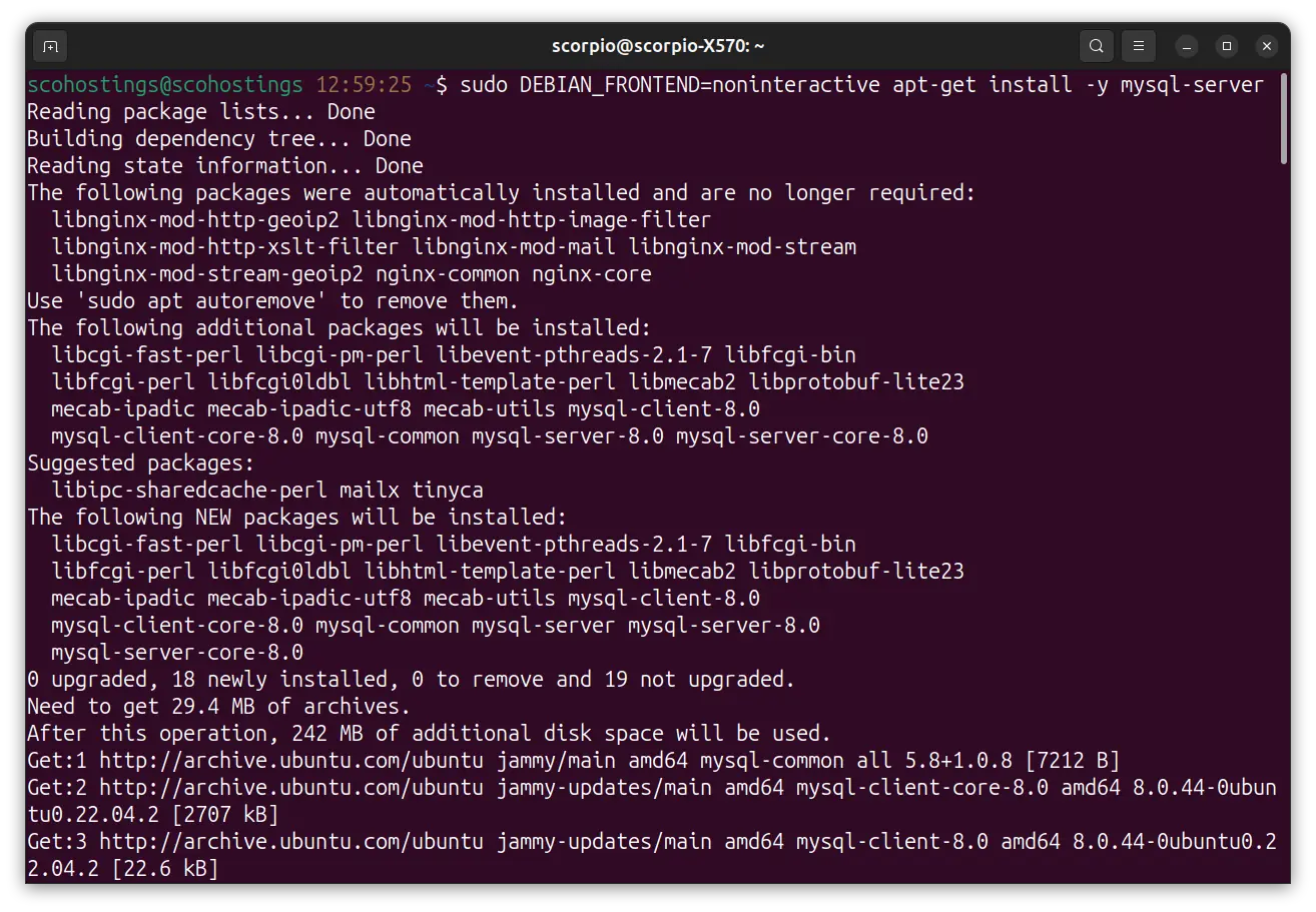 sudo DEBIAN_FRONTEND=noninteractive apt-get install -y mysql-server
