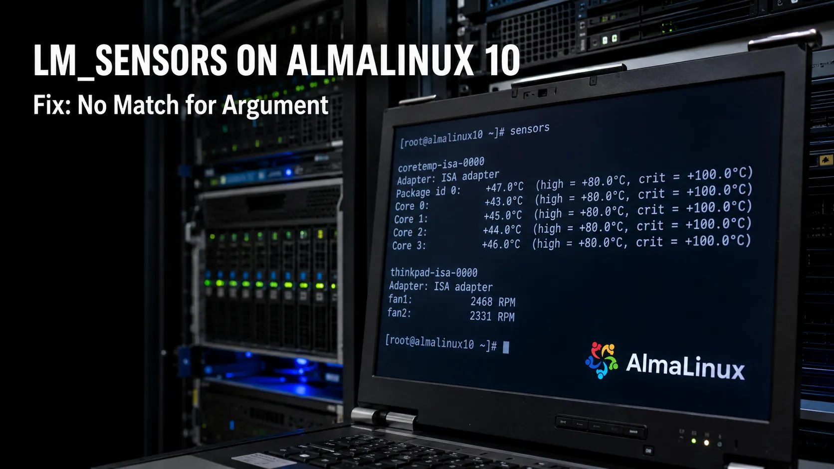 AlmaLinux 10 terminal displaying CPU temperature and fan sensor readings with lm_sensors