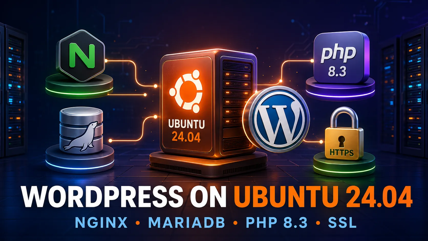 WordPress running on an Ubuntu 24.04 server with NGINX, MariaDB, PHP 8.3, and HTTPS