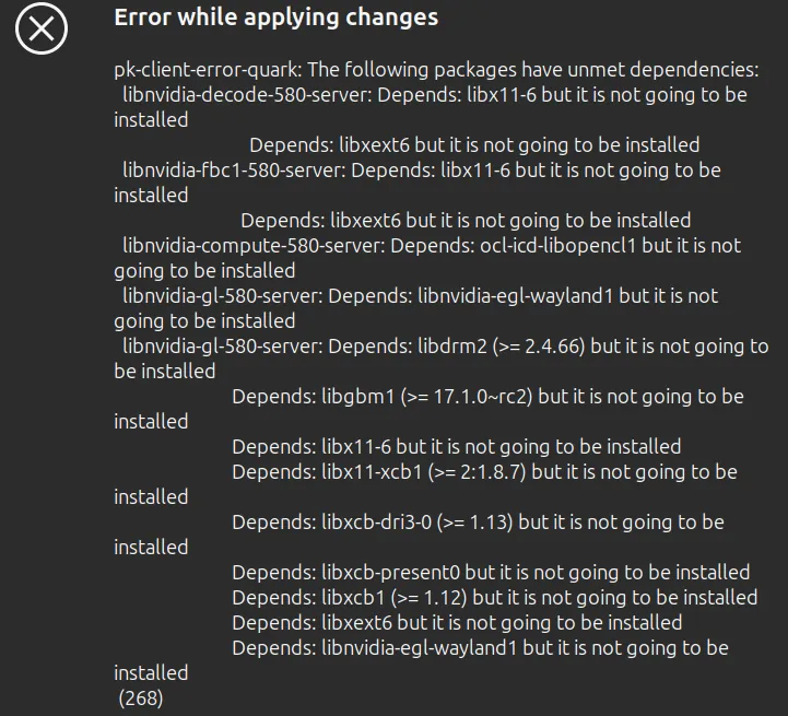 Ubuntu Additional Drivers error showing unmet libnvidia 580-server, libx11-6 and libdrm2 dependencies while installing NVIDIA 595