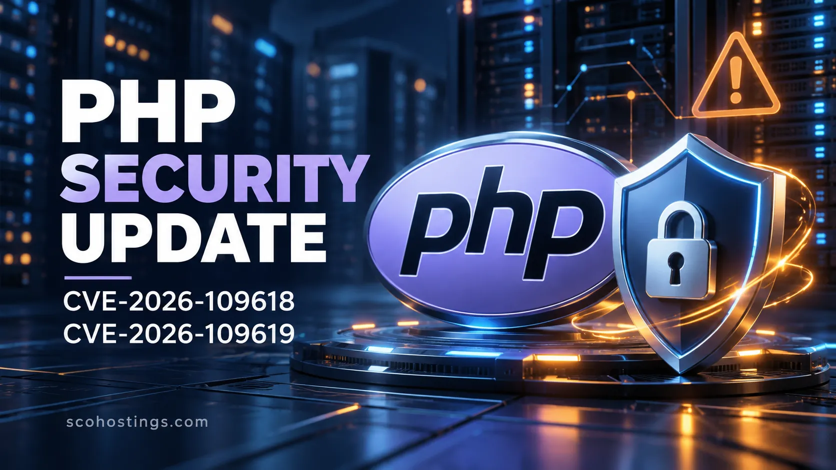 PHP security update for CVE-2026-109618 and CVE-2026-109619, illustrated with a PHP logo and security shield.