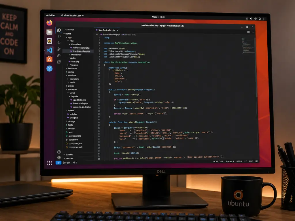 A monitor displaying PHP source code in a dark code editor on Ubuntu Linux