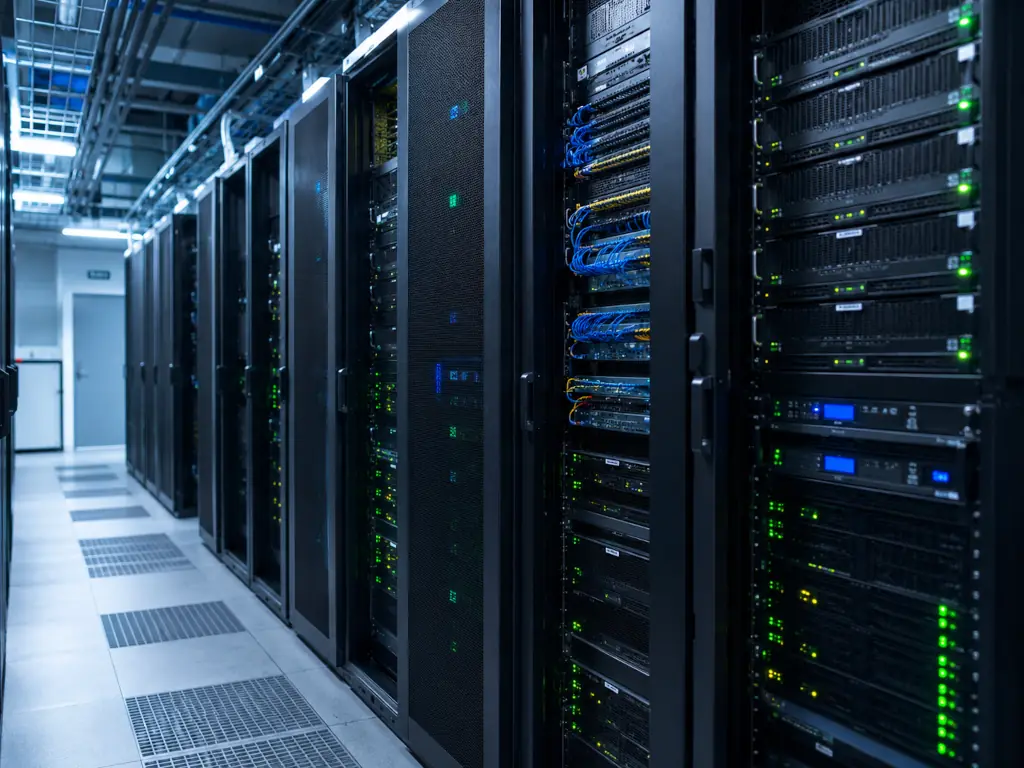 A modern server rack with blinking green LED indicator lights in a data center representing Ubuntu cloud infrastructure