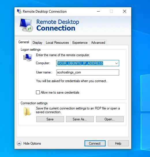remote desktop connection settings