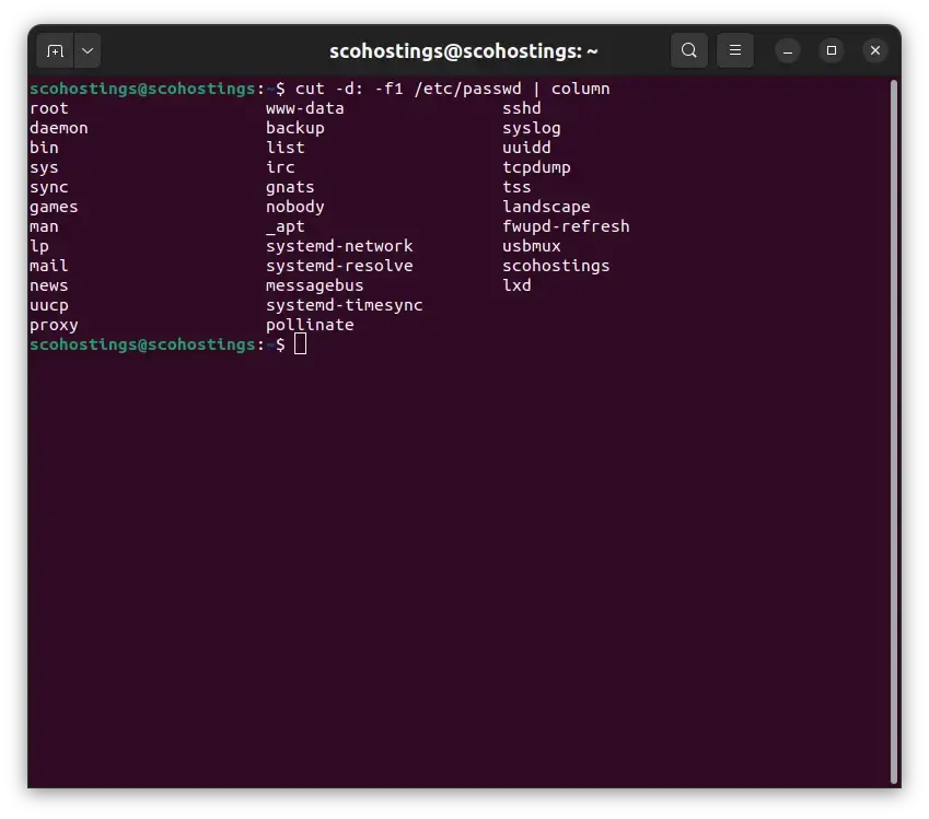 List users with cut command in Linux and list them as column